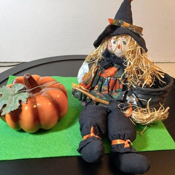 Witchy Scarecrow Wooden bottom Basket & Ceramic Pumpkin Countrycore - Picture 1 of 8